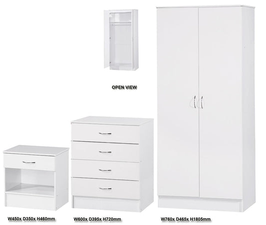 ALPHA 2 DOOR WARDROBE 3 PIECE BEDROOM SET - WHITE