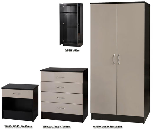 ALPHA 2 DOOR WARDROBE 3 PIECE BEDROOM SET - LUXE STONE GREY/BLACK