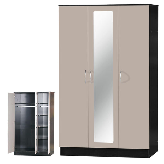 ALPHA 3 DOOR TRIPLE MIRRORED WARDROBE - LUXE STONE GREY/BLACK