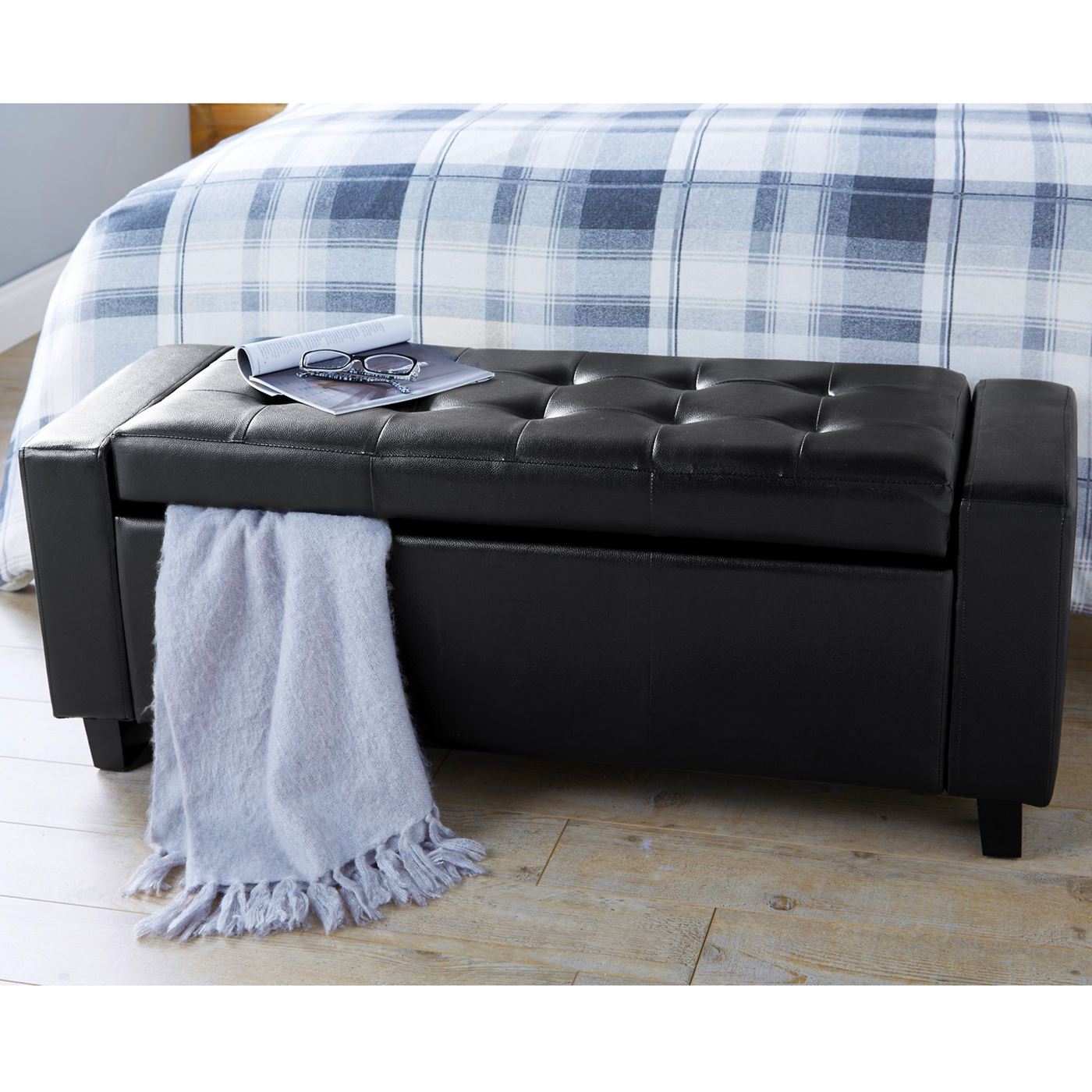 VERONA LEATHER OTTOMAN STORAGE BENCH - BLACK